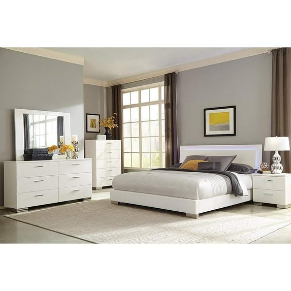 Modern 4 Piece Queen Bed Set - White Bedroom Furniture with LED Lighting & Storage
