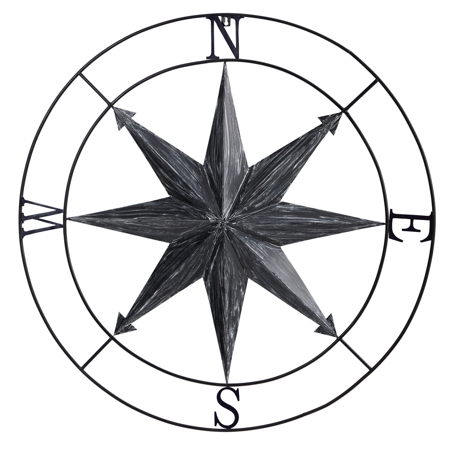 40-Inch Washed Black Metal Nautical Compass Wall Art