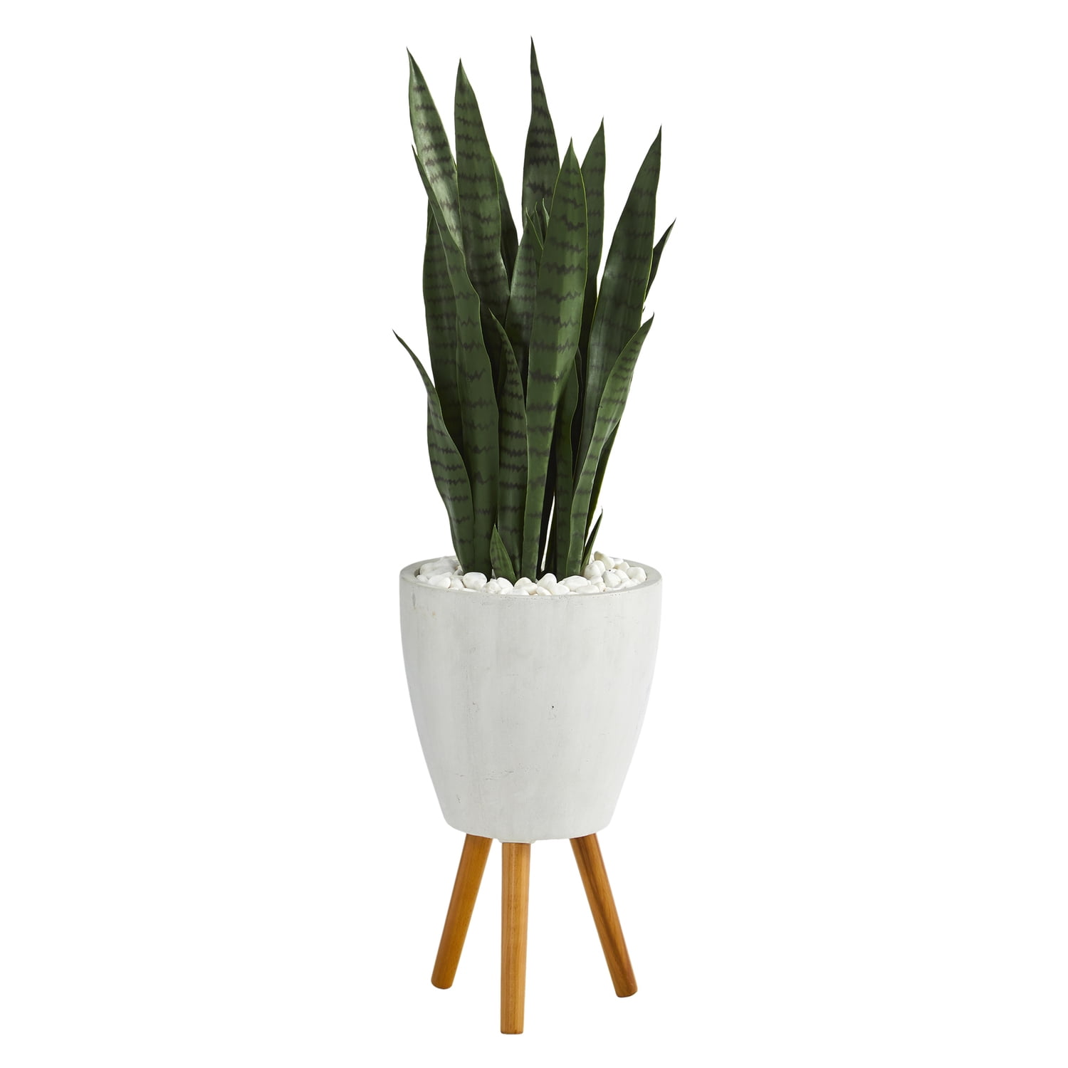 4-ft Green Silk Sansevieria Plant in White Planter with Wooden Stand