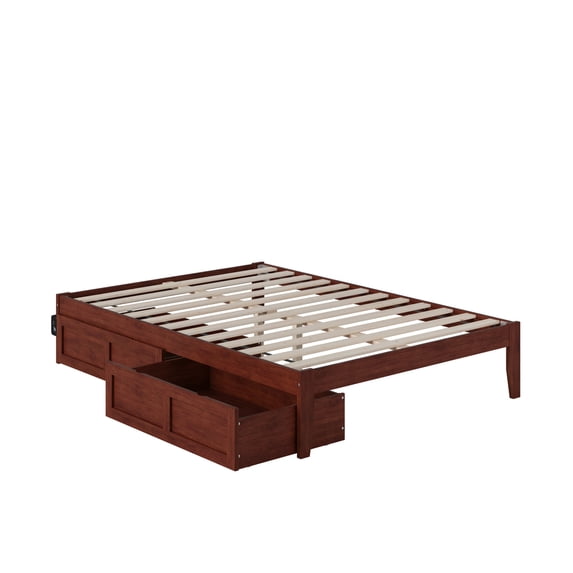 Bed with USB Charger & Drawers - Full Size, Walnut Finish, Slat Kit Included - HomeStock