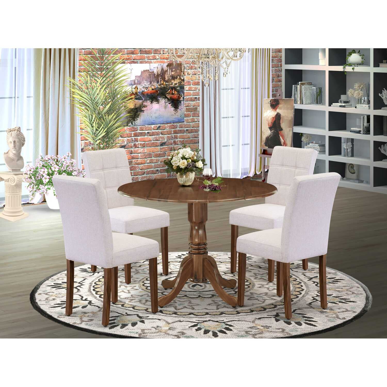 Antique Walnut Round Drop-Leaf Dining Table with 4 Beige Linen Upholstered Chairs