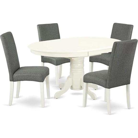 HomeStock 5 Piece Dinette Set for 4 Includes an Oval Dining Table with Leaf and 4 Gray Linen Fabric Parson Dining Room Chairs, 42x60 Inch,Linen White