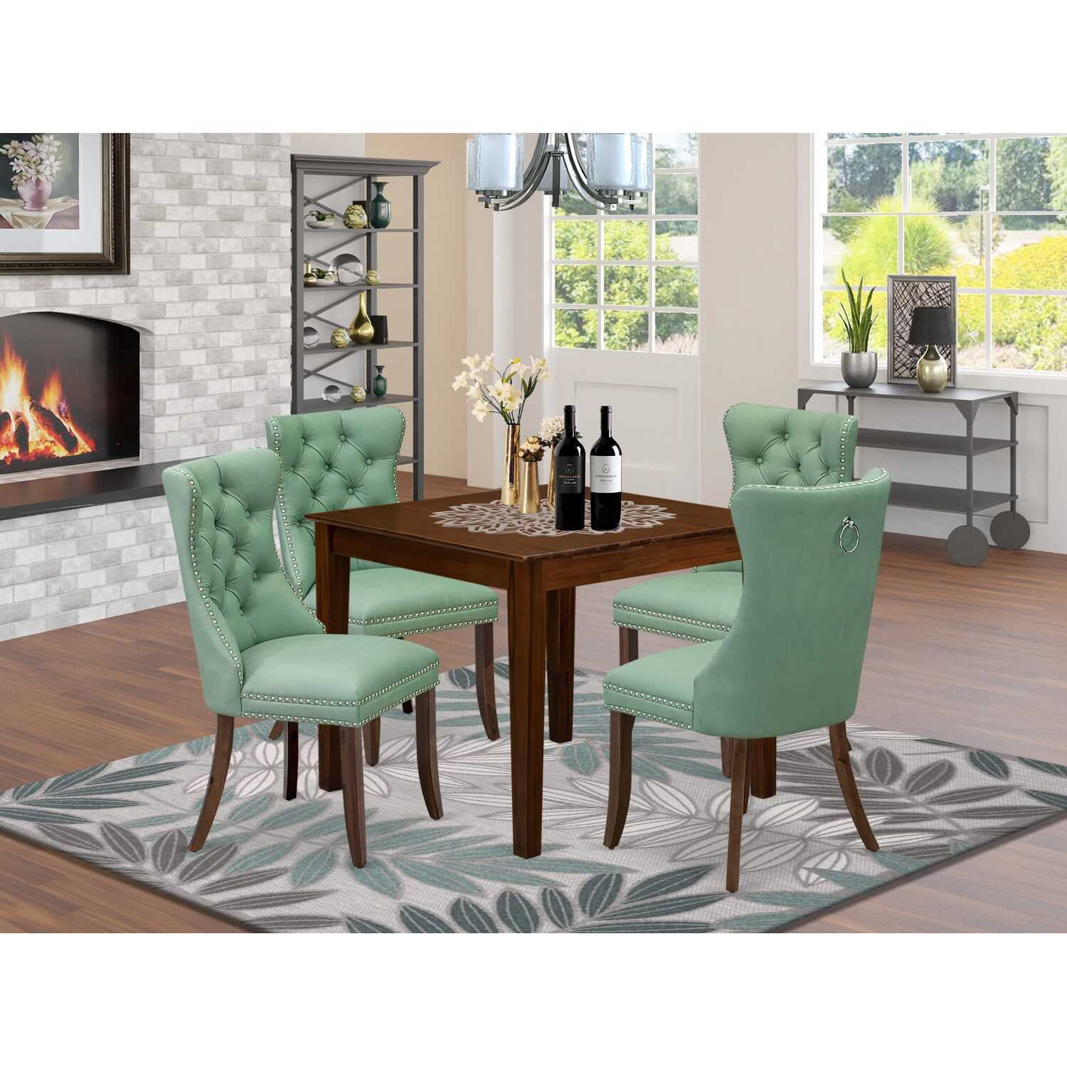 5 Piece Dining Set - Square Wood Table & 4 Upholstered Chairs - Coastal ...