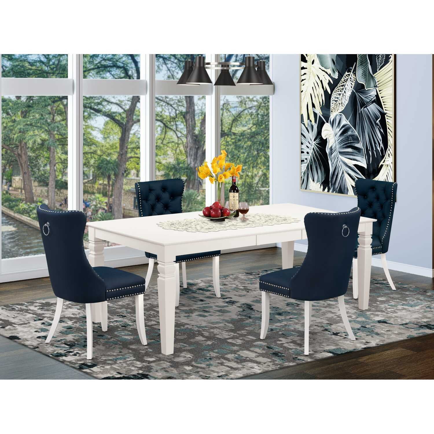 Modern 5 Piece Dining Set - Linen White Table & Navy Blue Chairs ...