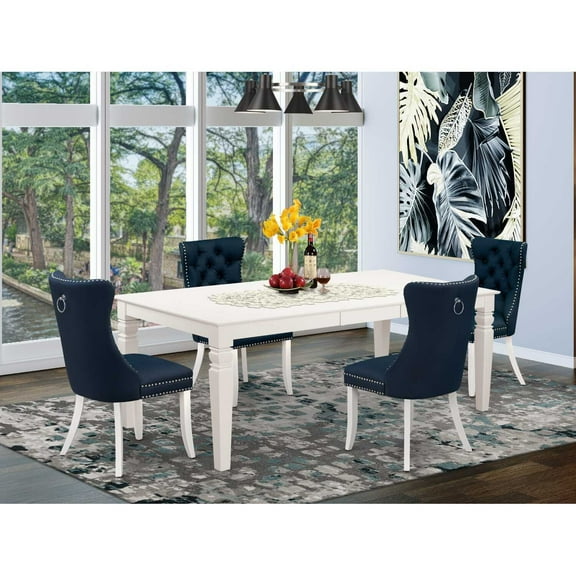Modern 5 Piece Dining Set - Linen White Table & Navy Blue Chairs