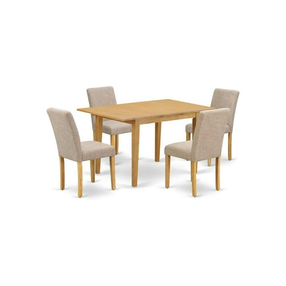 HomeStock 5 Piece Dining Set Includes a Rectangle Dining Room Table with Leaf and 4 Light Tan Linen Fabric Upholstered Chairs, 32x54 Inch,Oak