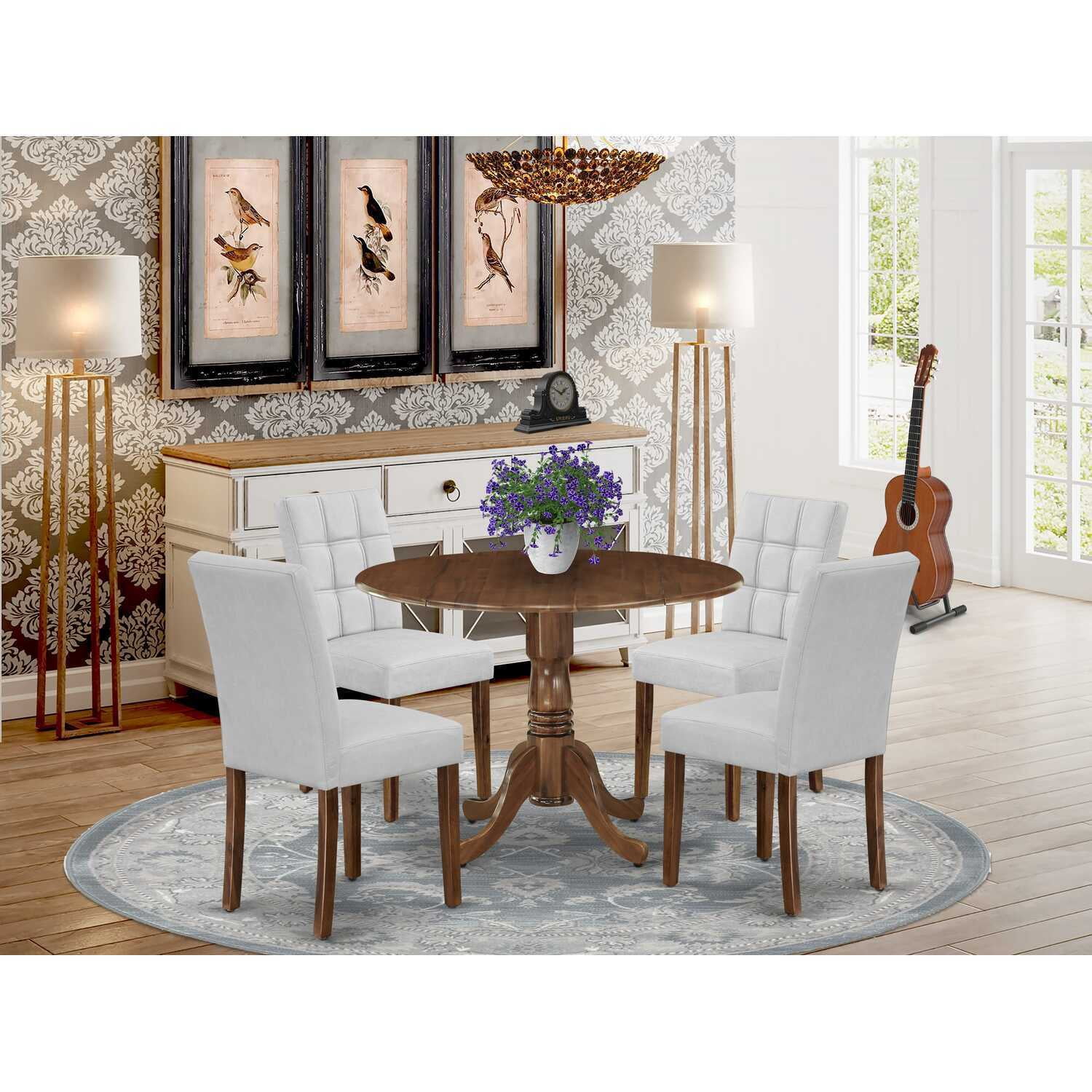 Modern 5 Piece Dining Set - Round Table with Dropleaf & 4 Chairs ...