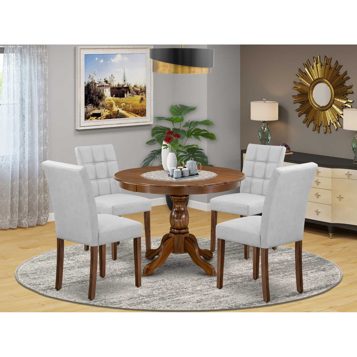 Vintage Round Dining Table Set with 4 Chairs - Walnut Kitchen
