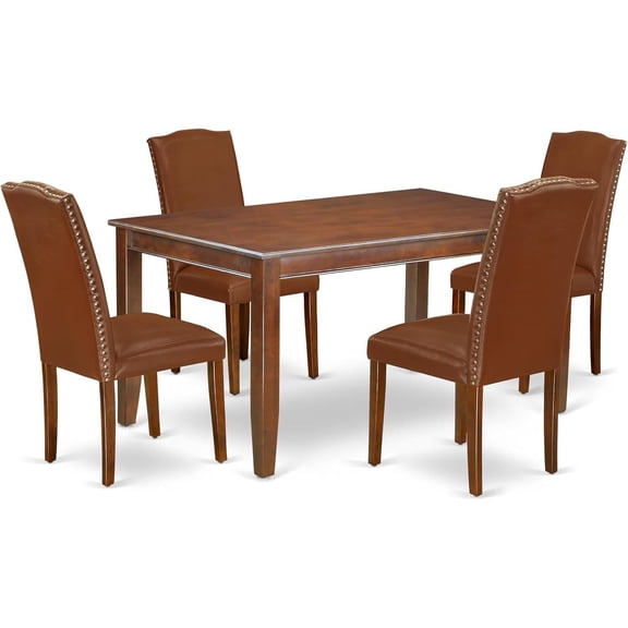 HomeStock 5 Piece Dining Table Set for 4 Includes a Rectangle Kitchen Table and 4 Brown Faux Faux Leather Parson Dining Chairs, 36x60 Inch,Mahogany
