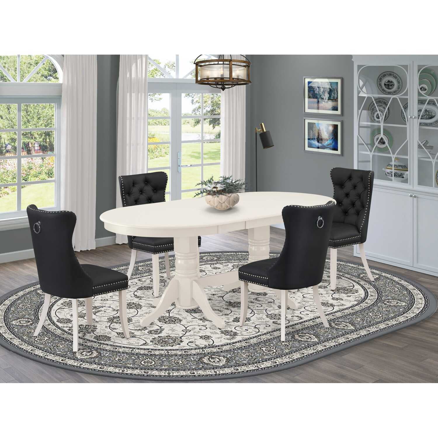 Linen White Kitchen Table Set with 4 Chairs - Oval Dining Table ...
