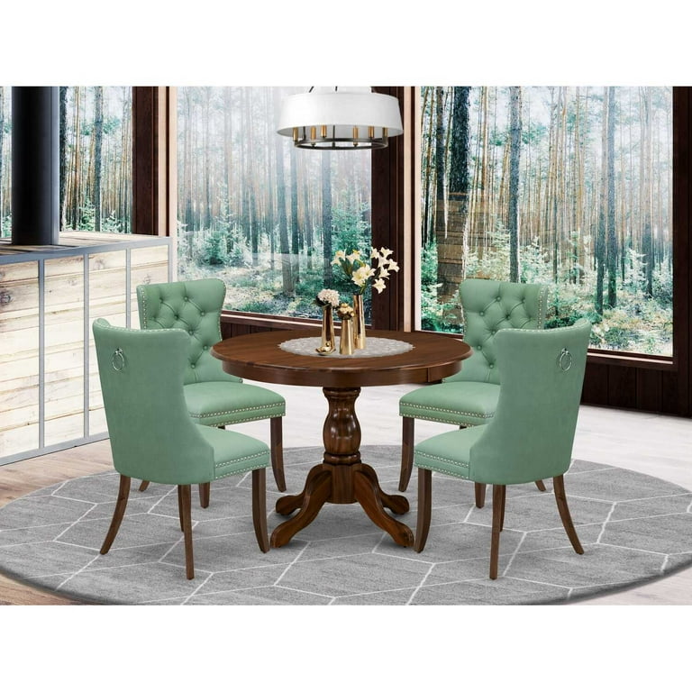 Modern Piece Dining Set Round Table Chairs Walnut Finish