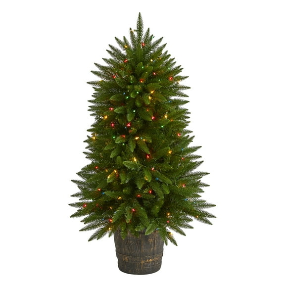 HomeStock 5ft Fir Artificial Christmas Tree with 200 Multicolored Lights and 428 Bendable Branches in Decorative Container