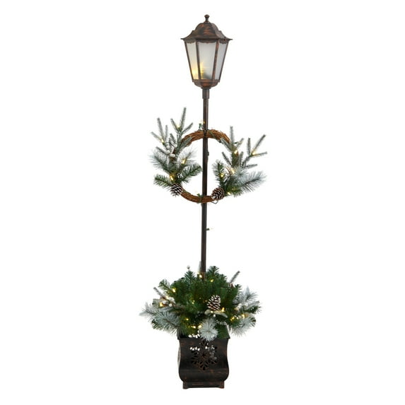 HomeStock 5Ft. Vintage Visions Pre-Lit Decorated Lamp Post With Artificial Christmas Greenery, Decorative Container And 50 Led Lights Indoor Outdoor Patio Porch Decor