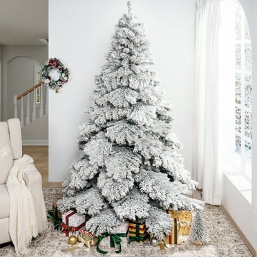 Brittany Snow Flocked Christmas Tree Prelit with 892 Branch Tips, Realistic Nevada Frosted Christmas Tree with Lights by Naomi Home-Color:Snow Flocked,Height:6.5ft