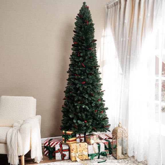 Belen Pencil Christmas Tree Prelit pre-decorated with Pine Cones, Red Berries, Skinny Christmas Tree with Lights by Naomi Home-Color:Green,Height:7.5ft