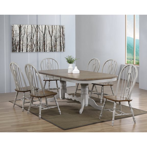 Extendable Dining Table Set - 7 Piece Oval Table with Pedestals - Seats 10 - Gray & Brown Wood Finish