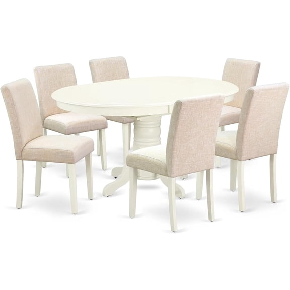Oval Kitchen Table Set with 6 Chairs - Linen White Dining Set - 42x60 Inch