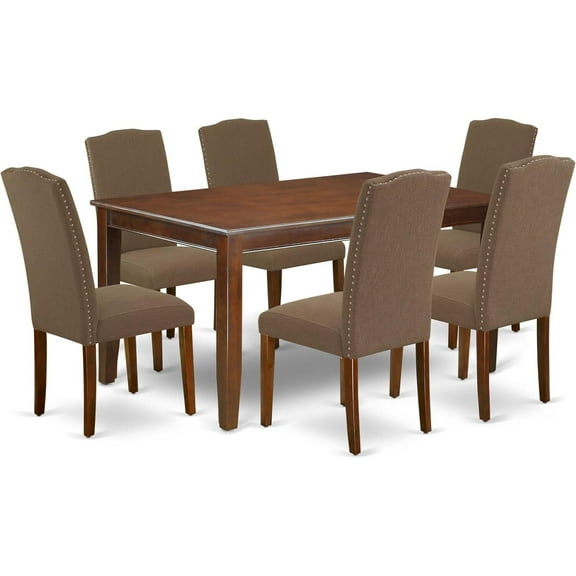 HomeStock 7 Piece Dining Table Set Consist of a Rectangle Dining Room Table and 6 Dark Coffee Linen Fabric Upholstered Parson Chairs, 36x60 Inch, Mahogany