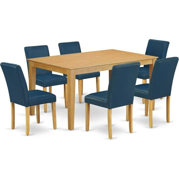 HomeStock 7 Piece Dining Table Set Consist of A Rectangle Dining Room Table and 6 Oasis Blue Faux Leather Upholstered Parson Chairs, 36X60 Inch, Oak