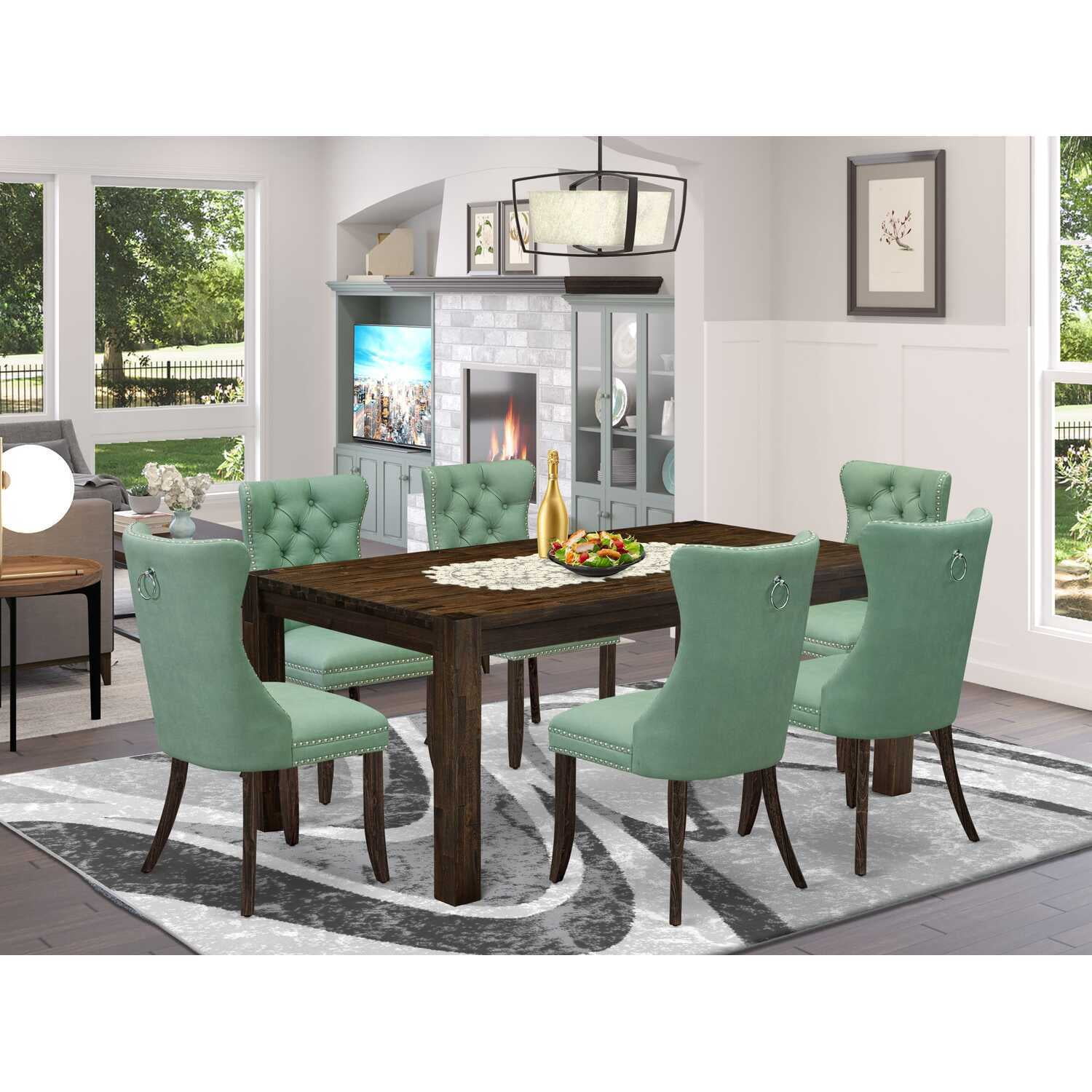 7 Piece Dining Set - Rectangle Wood Table & 6 Chairs - Distressed ...