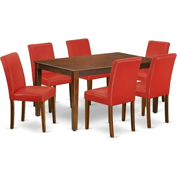 HomeStock 7 Piece Kitchen Table & Chairs Set Consist of a Rectangle Dining Room Table and 6 FireBrick Red Faux Leather Upholstered Chairs, 36x60 Inch, Mahogany