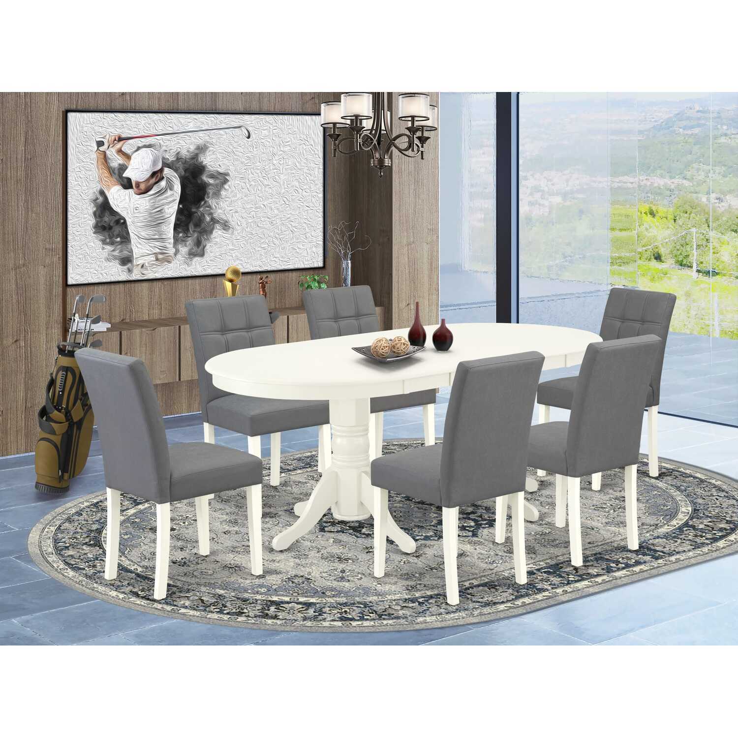 7 Piece Kitchen Table Set with Dining Chairs - Linen White Oval Table ...