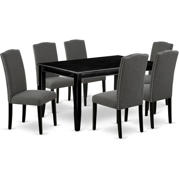 HomeStock 7 Piece Modern Dining Table Set Consist of A Rectangle Wooden Table and 6 Dark Gotham Linen Fabric Upholstered Chairs, 36X60 Inch, Black