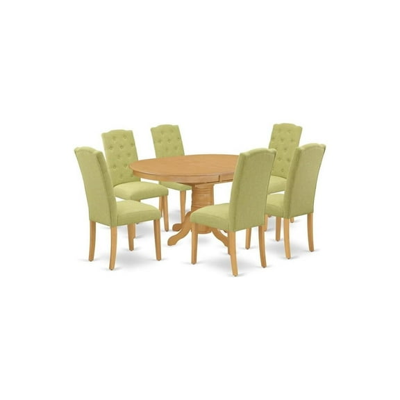 HomeStock 7 Piece Modern Dining Table Set Consist of an Oval Wooden Table with Leaf and 6 Limelight Linen Fabric Parson Chairs, 42X60 Inch, Oak
