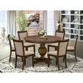 thumbnail image 1 of Modern 7Pc Dining Set - Round Pedestal Table & 6 Parsons Chairs - Light Tan Linen Fabric, 1 of 6