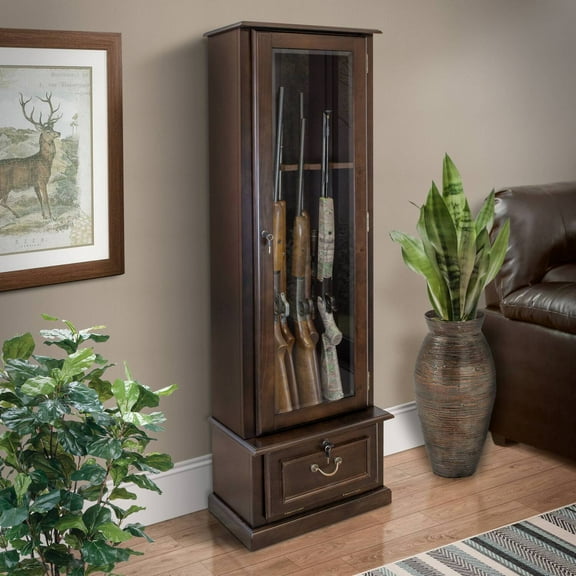 HomeStock Vintage Vogue Floor Mount Gun Cabinet with Locking Tempered Glass Door and Ammo Storage, Locking Drop Down Door, Safe Gun Cabinet-Color:Espresso Brown,Size:8 Gun