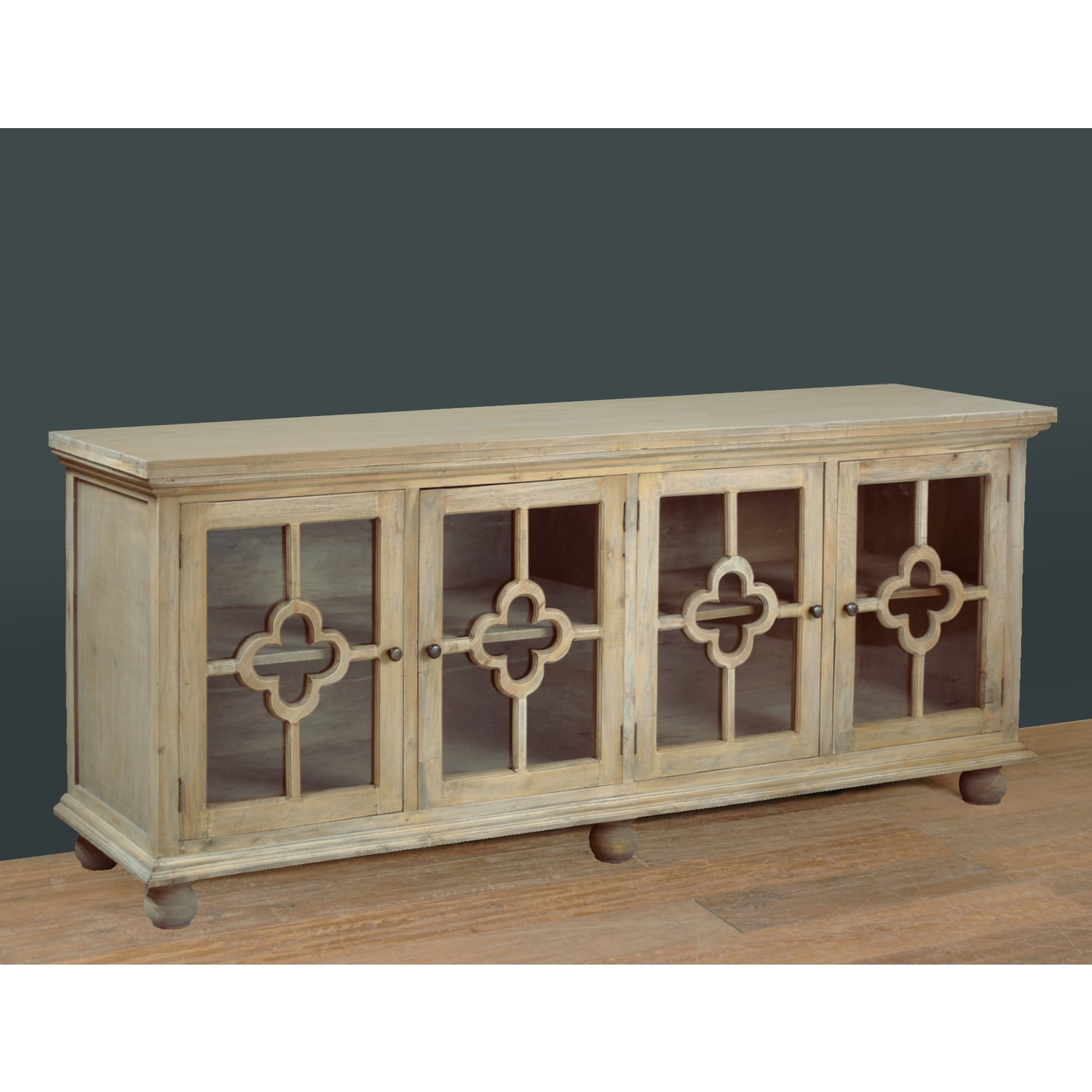 Sunset 87'' Driftwood Brown Solid Mahogany Sideboard with Clover Glass Doors