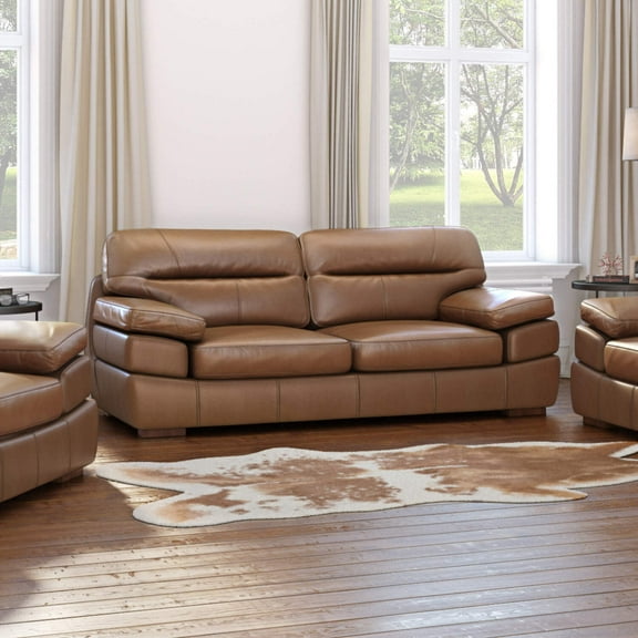 Wide Top Grain Leather Sofa - 89" Comfortable Modern Living Room Couch, Chestnut Brown