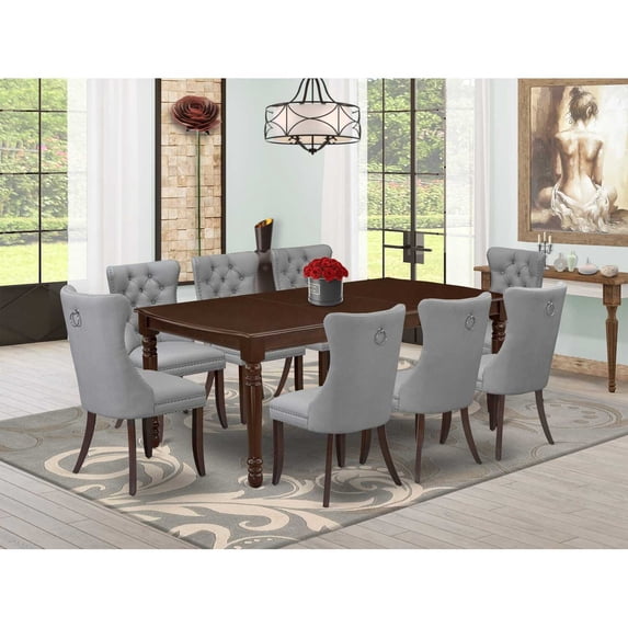 Rectangle Dining Set with 8 Upholstered Chairs - Kitchen Table Set, Mahogany Finish