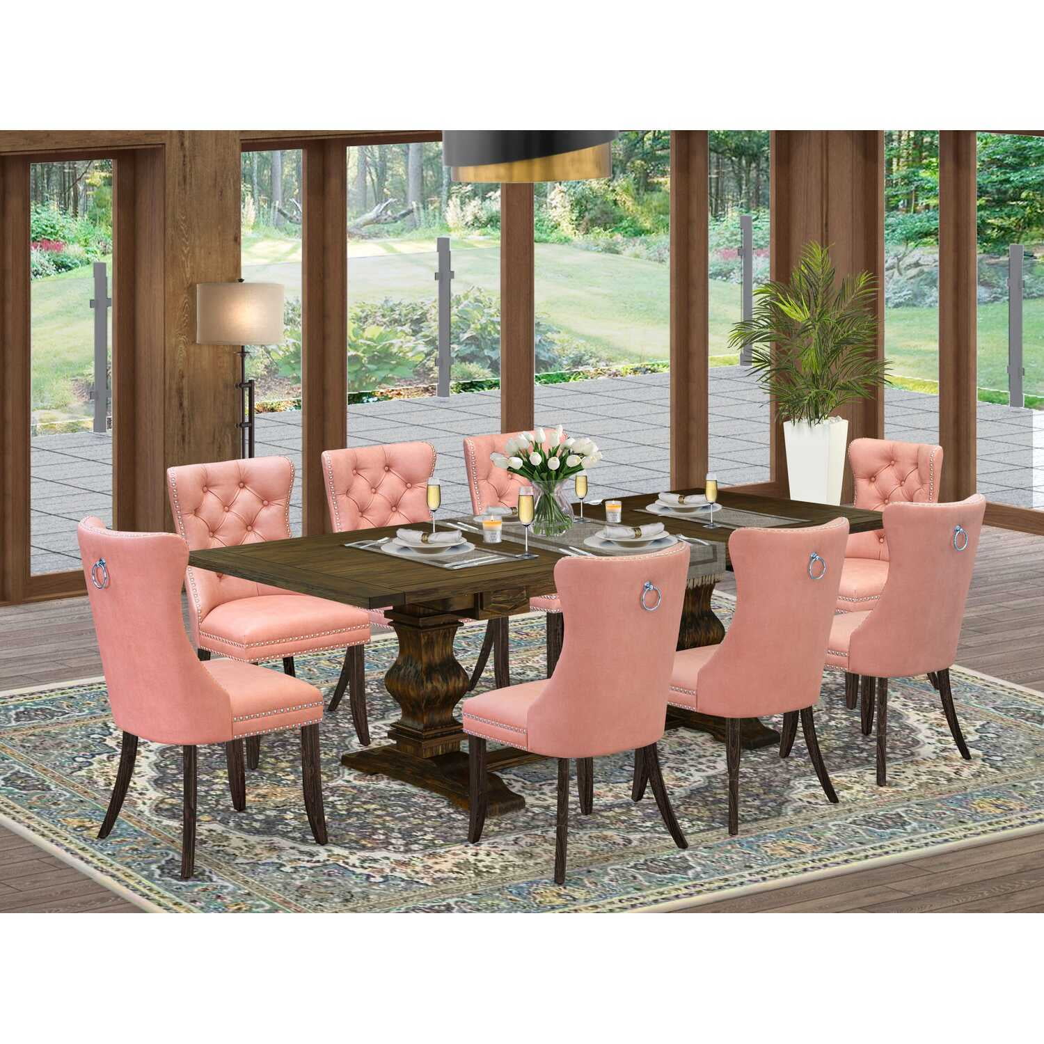 Distressed Jacobean 9-Piece Dining Set with Pink Upholstered Chairs
