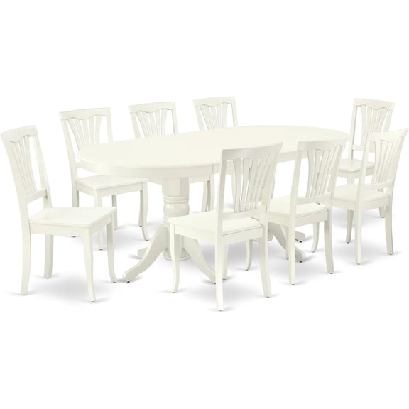 HomeStock 9 Piece Kitchen Table & Chairs Set Includes an Oval Dining Room Table with Leaf and 8 Solid Wood Seat Chairs, 40X76 Inch, Linen White