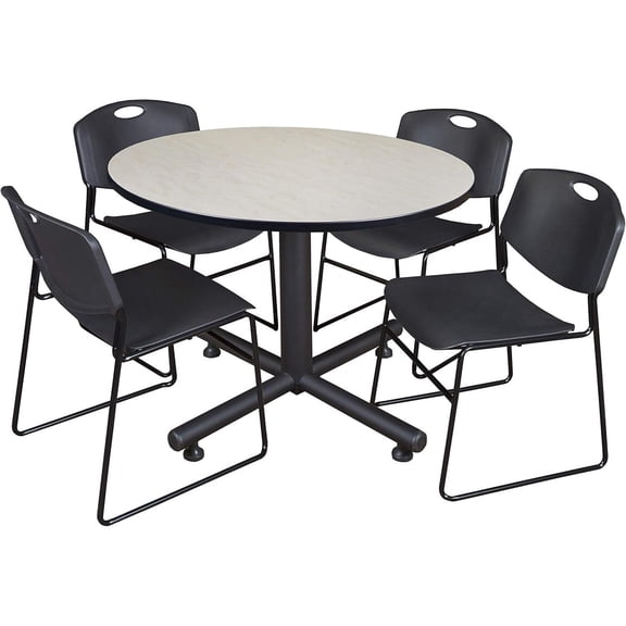 HomeStock African Adventure 48" Round Breakroom Table- Maple & 4 Zeng Stack Chairs- Black, Ideal for Cafeterias, Dining, and Office Spaces
