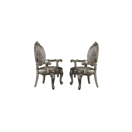 Homestock African Adventure Arm Chair Set - Silver Pu And Antique Platinum Armchairs With Intricate Leaf Motifs, Padded Seats, And Scalloped Aprons For Classic Luxury Decor