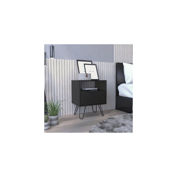 HomeStock African Adventure Black Nightstand with Hairpin Legs and Single Door Cabinet in Sleek 22.2" W x 13.7" D x 17.7" H Form for Modern Decor