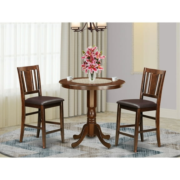 Counter Height Dining Set - 3 Piece Wood Table & Faux Leather Chairs - 36 Inch Round Mahogany
