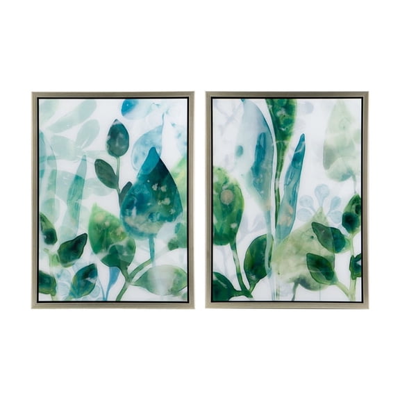 Green Leaf Wall Art - Set of 2 - 19"x25.5" Acrylic Prints - Champagne Frames - Watercolor Home Decor