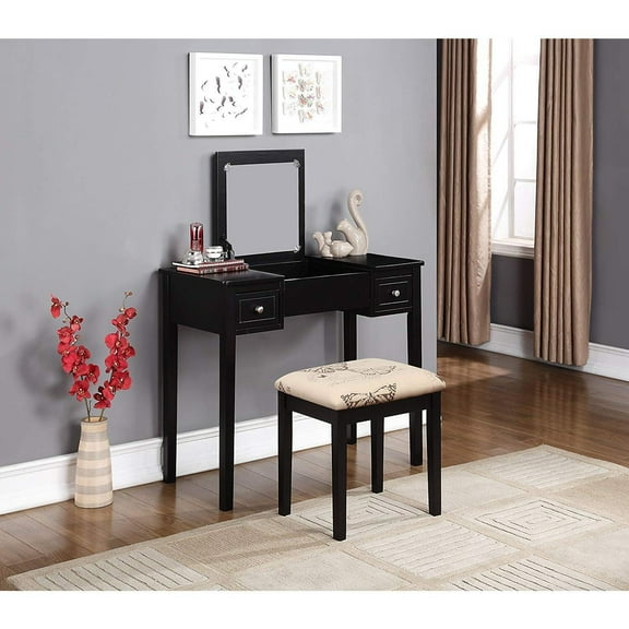 Butterfly Vanity Table Set with Mirror & Stool - Black Makeup Vanity with Drawers - Bedroom Dressing Table