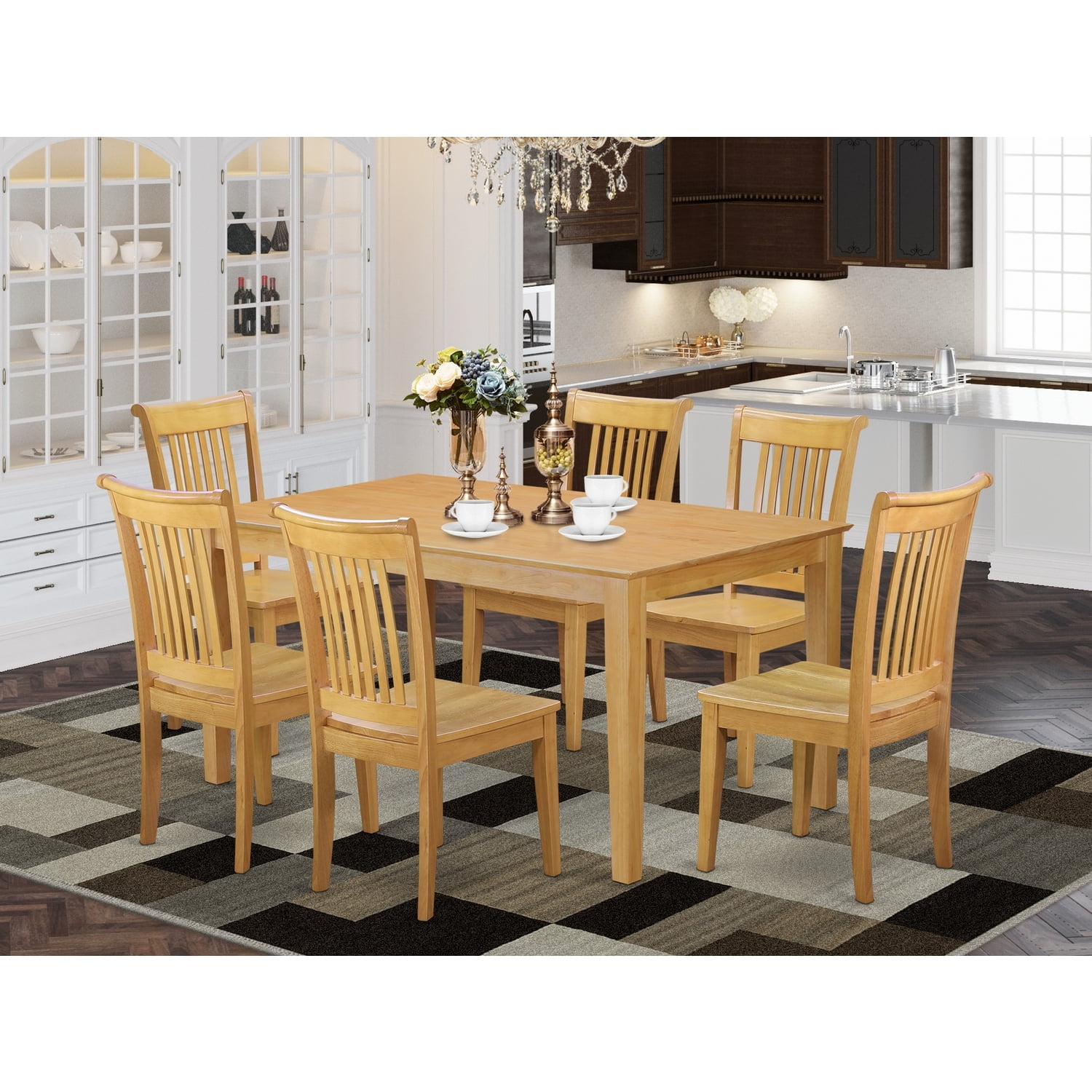 Oak Finish 7-Piece Rectangular Dining Table Set with 6 Chairs