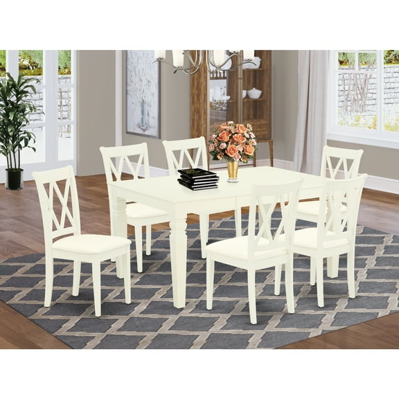 HomeStock African Artistry 7Pc Dinette Set Includes A Rectangular Kitchen Table With Butterfly Leaf And Six Double X Back Linen Seat Dining Chairs, White Finish