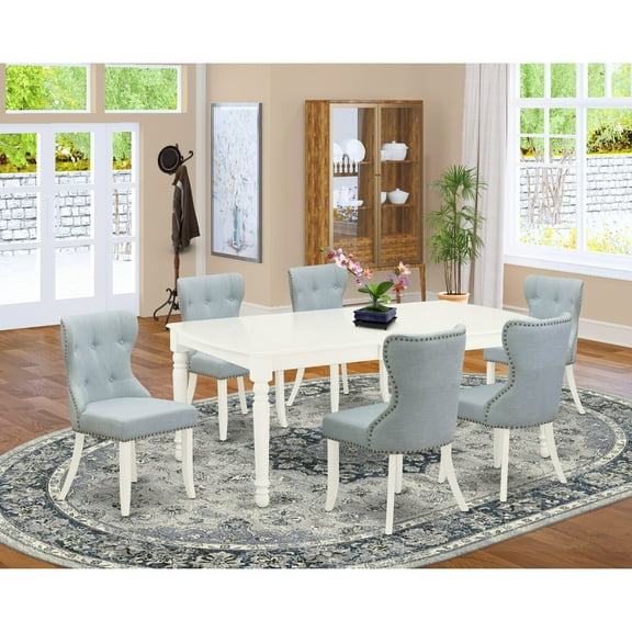 HomeStock African Artistry Furniture A Dining Room Table Set f 6 Excellent Dining Chairs With Linen Fabric Baby Blue Color & An Attractive 18" Butterfly Rectangle Dining Table