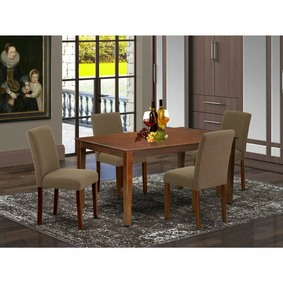 HomeStock Antique 5Pc Rectangle 60" Dining Room Table And 4 Parson Chair With Mahogany Leg And Linen Fabric Coffee