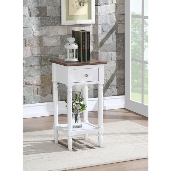 HomeStock Handcrafted Haven 1 Drawer Square Accent Table with Shelf, Low Profile Table, Glossy Wood Finish, 14"L x 14"W x 28"H, 30 Lb. Capacity-Color:Driftwood and White Frame