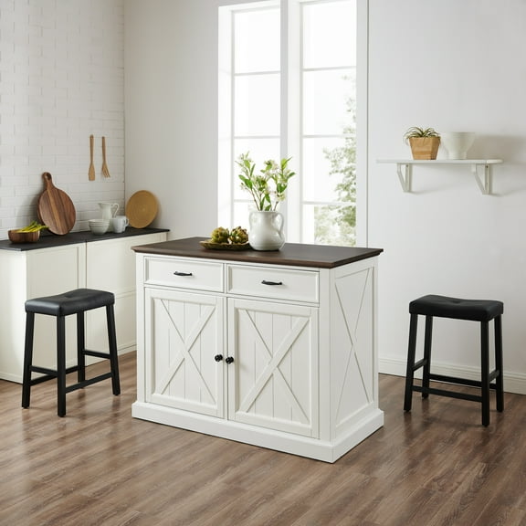 Kitchen Island with Stools - Farmhouse Kitchen Cart with Storage & Dining Seating