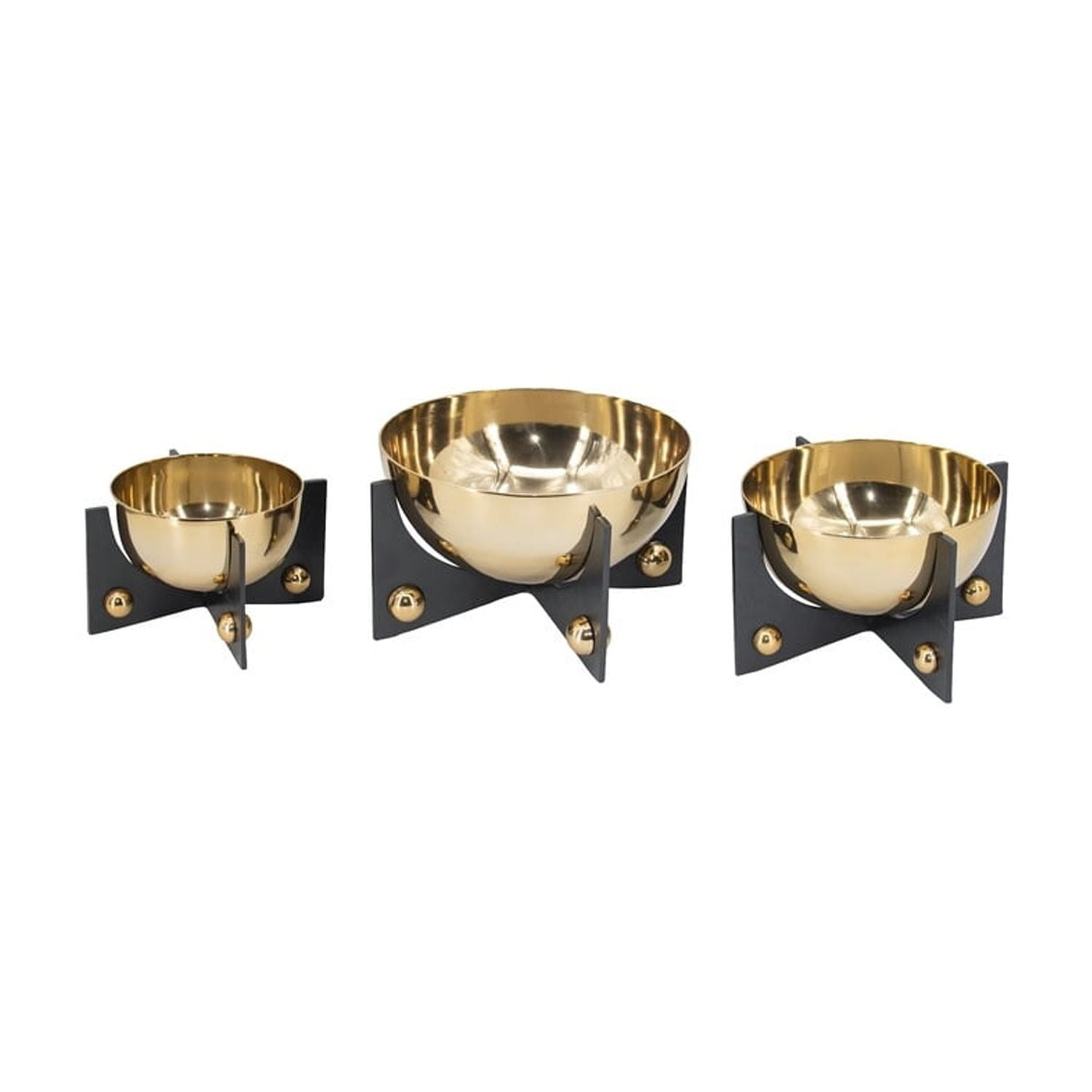 Gold Finish Aluminum Round Decorative Bowls with Black Stand - Set of 3