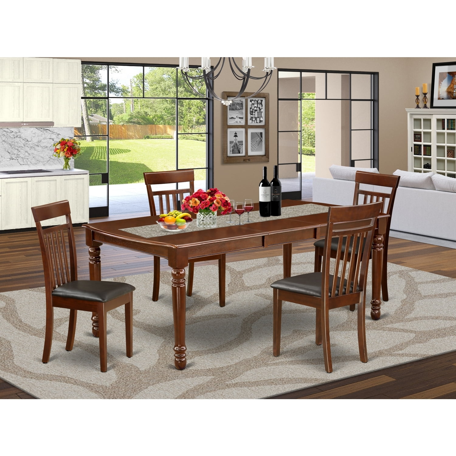 Antique Kitchen Table Set 5pc Rectangular 60-78" Table w/ Leaf & 4 Faux ...