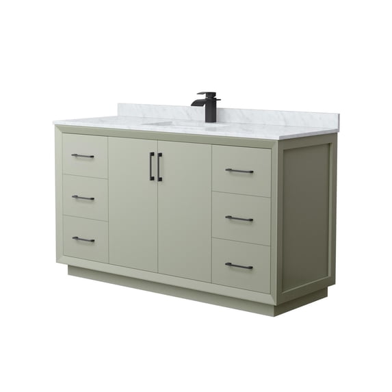 HomeStock Antique Ambiance 60 Inch Single Bathroom Vanity in Light Green, White Carrara Marble Countertop, Undermount Square Sink, Matte Black Trim